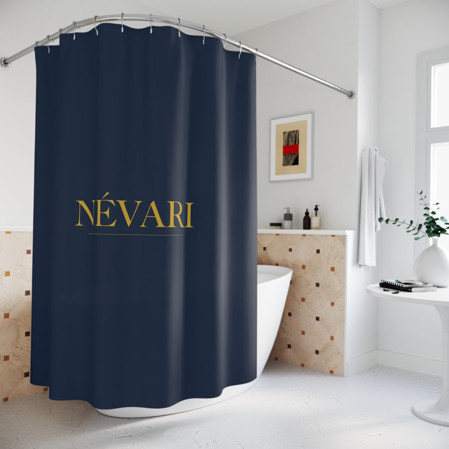 Elegant Navy Shower Curtain with Gold Névari