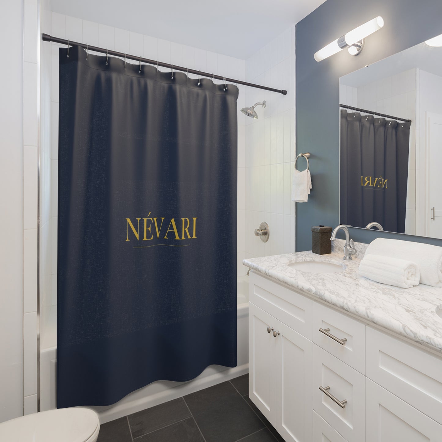 Elegant Navy Shower Curtain with Gold Névari